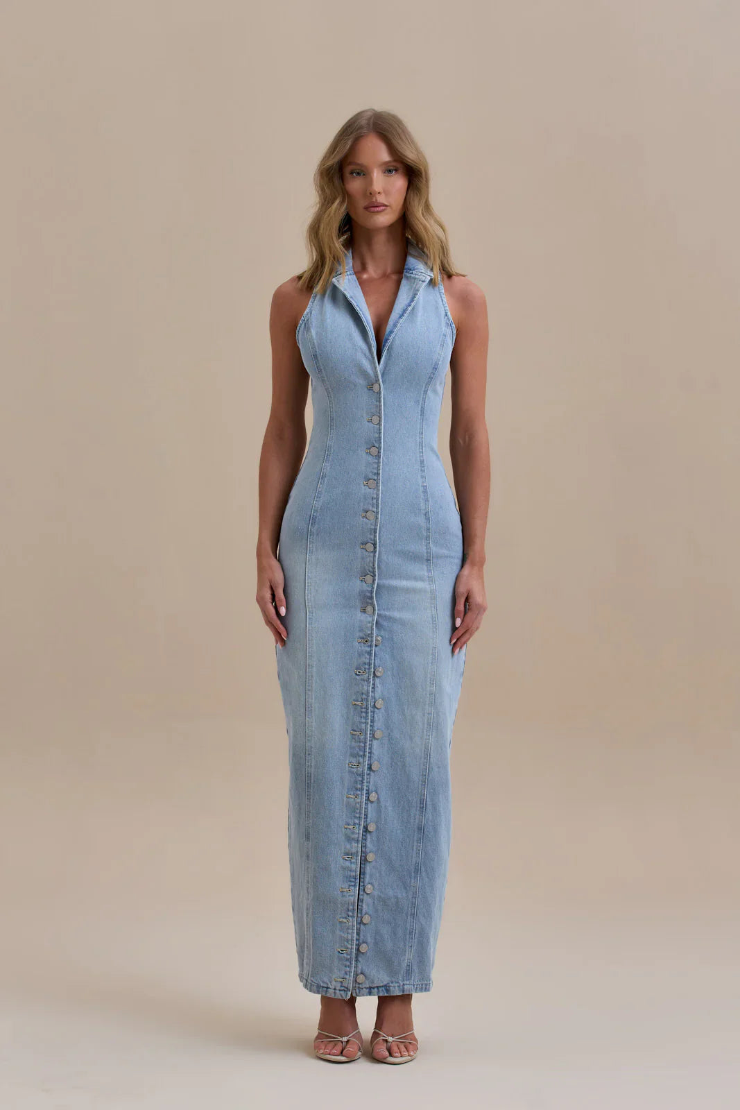 Reina Denim Maxi Dress  Sculpted, Sleek & Unapologetically Bold