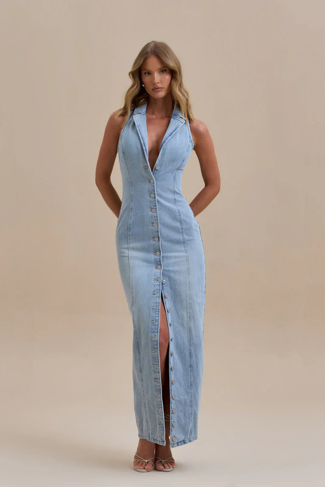 Reina Denim Maxi Dress  Sculpted, Sleek & Unapologetically Bold