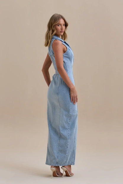 Reina Denim Maxi Dress  Sculpted, Sleek & Unapologetically Bold