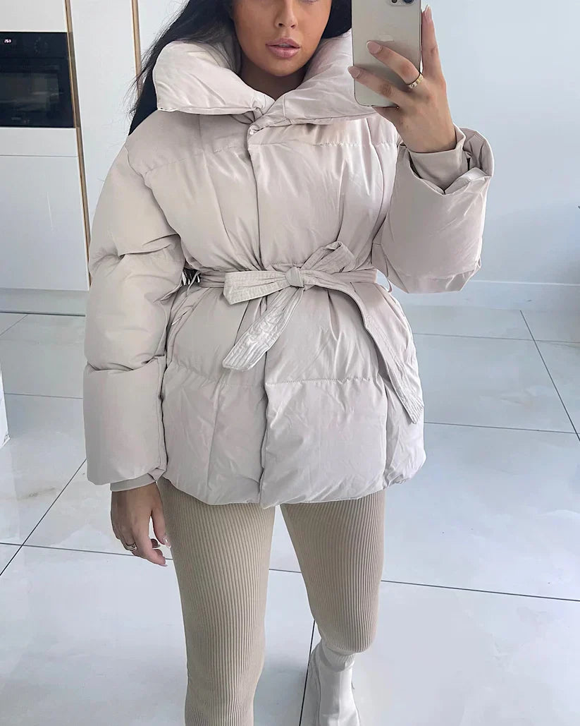 Chic Beige Belted Puffer Coat Elegant Warmth for Every Season