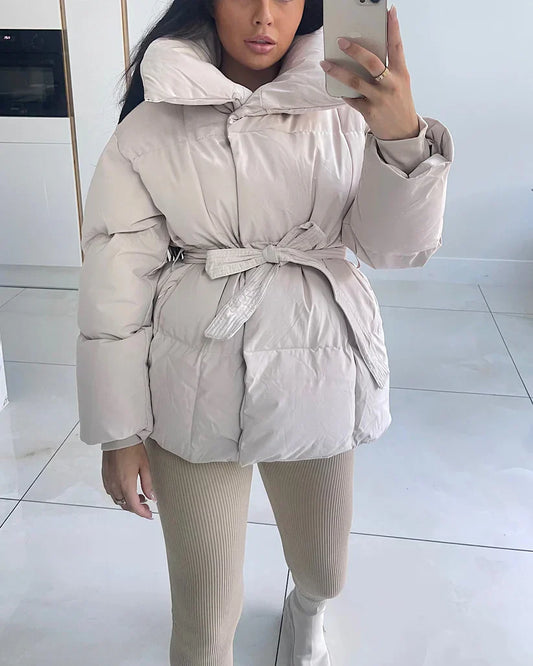 Chic Beige Belted Puffer Coat Elegant Warmth for Every Season